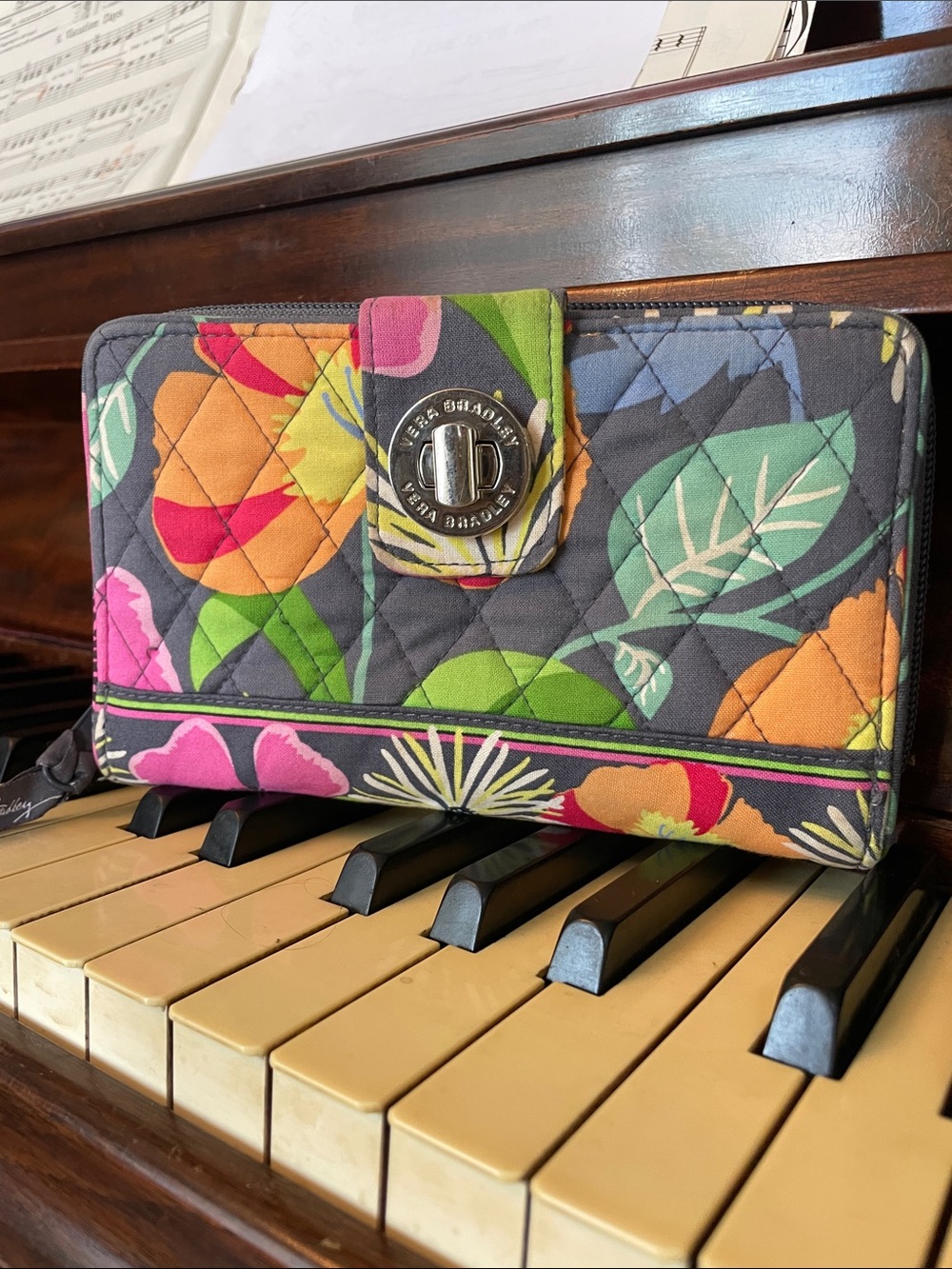 Vera Bradley Quilted Floral Turn-Lock Wallet in Gray, Pink, Orange & Green